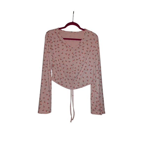 Cherry Print Pink Long Sleeve Ruched Crop Top With Adjustable Drawstring - Picture 1 of 3